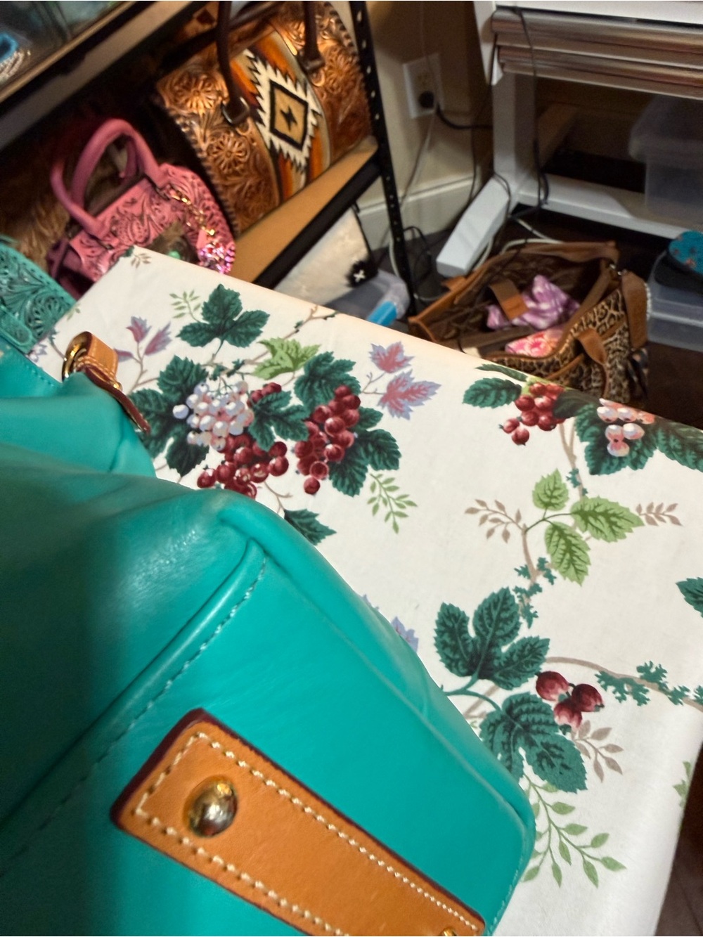 Dooney & Bourke McKenzie Teal Leather Hobo Shoulder Bag with Tan Trim - Picture 9 of 14